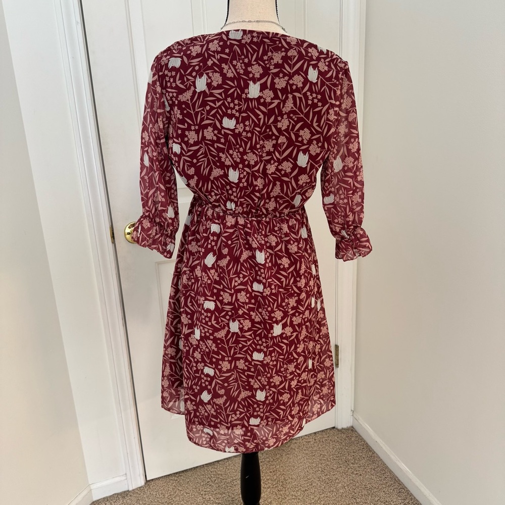 Floral Faux Wrap Midi Dress Burgundy Size Small Boho Cottagecore Fall - Picture 2 of 12
